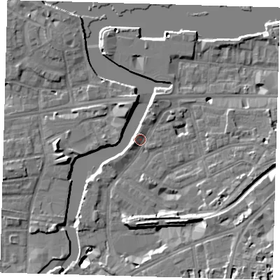 Shaded relief map of the ground around SE109FA, computed from Environment Agency LiDAR. The ground here sits at about 5 m above sea level and falls 15 m across the surrounding 800 m. Surface water reaching this point runs off ground lying to the east, 4.3 m higher.