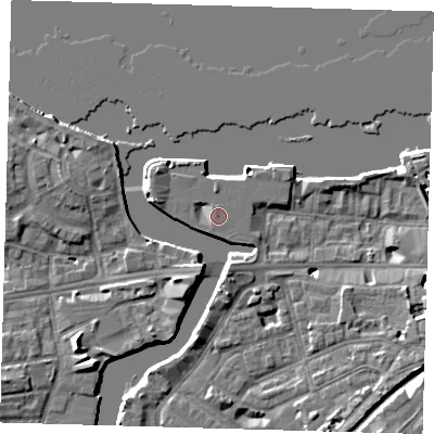 Shaded relief map of the ground around SE109FF, computed from Environment Agency LiDAR. The ground here sits at about 5 m above sea level and falls 8 m across the surrounding 800 m. Surface water reaching this point runs off ground lying to the west-north-west, 2.8 m higher.
