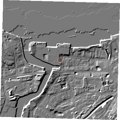 Shaded relief map of the ground around SE109FG, computed from Environment Agency LiDAR. The ground here sits at about 5 m above sea level and falls 9 m across the surrounding 800 m. Surface water reaching this point runs off ground lying to the east-south-east, 6.6 m higher.