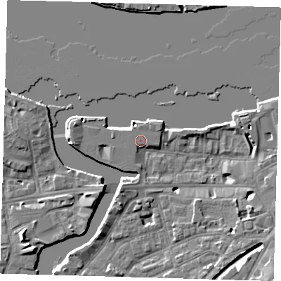 Shaded relief map of the ground around SE109FH, computed from Environment Agency LiDAR. The ground here sits at about 5 m above sea level and falls 9 m across the surrounding 800 m. Surface water reaching this point runs off ground lying to the east-south-east, 6.6 m higher.