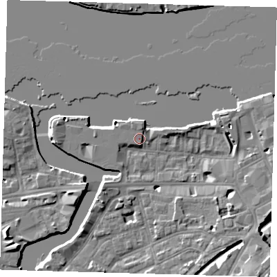 Shaded relief map of the ground around SE109FL, computed from Environment Agency LiDAR. The ground here sits at about 5 m above sea level and falls 9 m across the surrounding 800 m. Surface water reaching this point runs off ground lying to the south-east, 8.9 m higher.