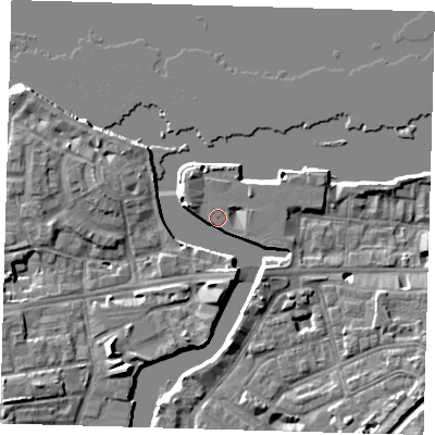 Shaded relief map of the ground around SE109FP, computed from Environment Agency LiDAR. The ground here sits at about 5 m above sea level and falls 8 m across the surrounding 800 m. Surface water reaching this point runs off ground lying to the south-west, 6.6 m higher.