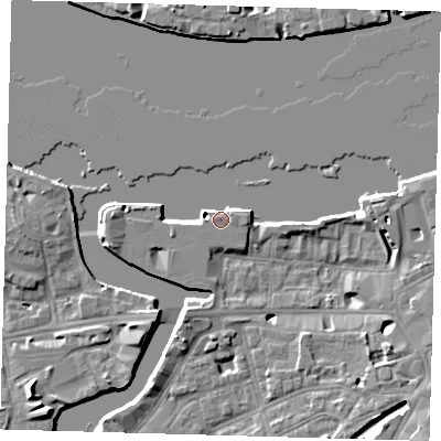 Shaded relief map of the ground around SE109FR, computed from Environment Agency LiDAR. The ground here sits at about 5 m above sea level and falls 8 m across the surrounding 800 m. Surface water reaching this point runs off ground lying to the south-east, 6.6 m higher.