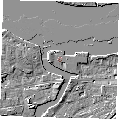 Shaded relief map of the ground around SE109FS, computed from Environment Agency LiDAR. The ground here sits at about 5 m above sea level and falls 8 m across the surrounding 800 m. Surface water reaching this point runs off ground lying to the west-north-west, 1.3 m higher.