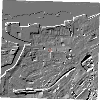 Shaded relief map of the ground around SE109FU, computed from Environment Agency LiDAR. The ground here sits at about 4 m above sea level and falls 17 m across the surrounding 800 m. Surface water reaching this point runs off ground lying to the south-east, 14.0 m higher.