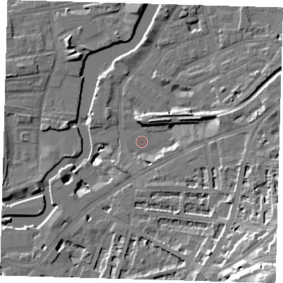 Shaded relief map of the ground around SE109FW, computed from Environment Agency LiDAR. The ground here sits at about 4 m above sea level and falls 34 m across the surrounding 800 m. Surface water reaching this point runs off ground lying to the south-east, 18.6 m higher.