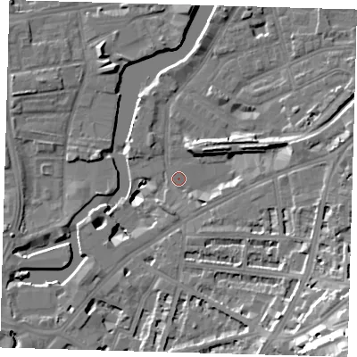 Shaded relief map of the ground around SE109FX, computed from Environment Agency LiDAR. The ground here sits at about 4 m above sea level and falls 34 m across the surrounding 800 m. Surface water reaching this point runs off ground lying to the south-east, 13.9 m higher.