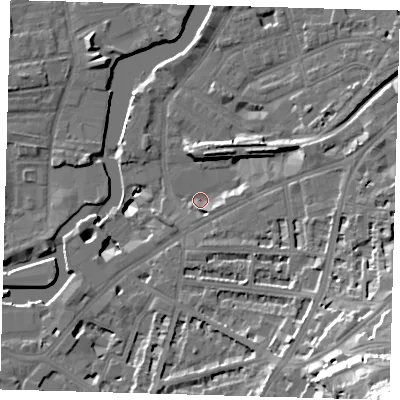 Shaded relief map of the ground around SE109FY, computed from Environment Agency LiDAR. The ground here sits at about 3 m above sea level and falls 47 m across the surrounding 800 m. Surface water reaching this point runs off ground lying to the south-east, 18.9 m higher.