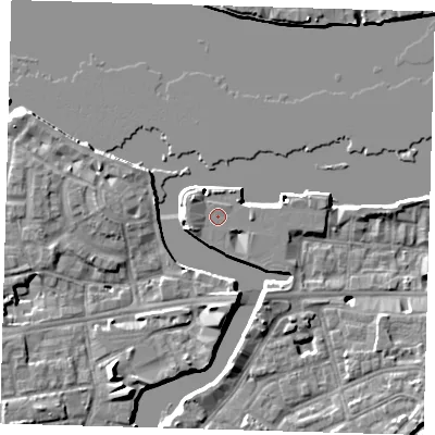 Shaded relief map of the ground around SE109GD, computed from Environment Agency LiDAR. The ground here sits at about 5 m above sea level and falls 8 m across the surrounding 800 m. Surface water reaching this point runs off ground lying to the west-north-west, 1.3 m higher.