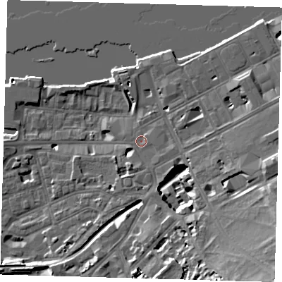Shaded relief map of the ground around SE109GG, computed from Environment Agency LiDAR. The ground here sits at about 5 m above sea level and falls 20 m across the surrounding 800 m. Surface water reaching this point runs off ground lying to the east-south-east, 1.8 m higher.