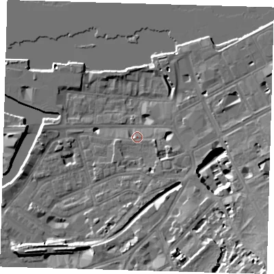 Shaded relief map of the ground around SE109GH, computed from Environment Agency LiDAR. The ground here sits at about 5 m above sea level and falls 20 m across the surrounding 800 m. Surface water reaching this point runs off ground lying to the east-south-east, 3.9 m higher.