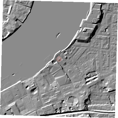 Shaded relief map of the ground around SE109GL, computed from Environment Agency LiDAR. The ground here sits at about 5 m above sea level and falls 13 m across the surrounding 800 m. Surface water reaching this point runs off ground lying to the south-west, 3.5 m higher.