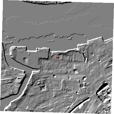 Shaded relief map of the ground around SE109HG, computed from Environment Agency LiDAR. The ground here sits at about 4 m above sea level and falls 11 m across the surrounding 800 m. Surface water reaching this point runs off ground lying to the south-east, 10.9 m higher.