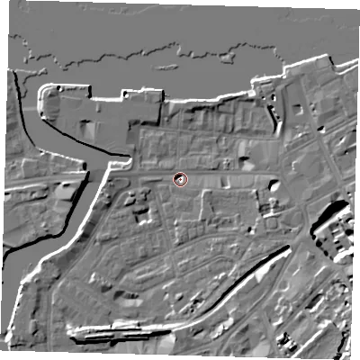 Shaded relief map of the ground around SE109HS, computed from Environment Agency LiDAR. The ground here sits at about 2 m above sea level and falls 14 m across the surrounding 800 m. Surface water reaching this point runs off ground lying to the south-south-east, 13.0 m higher.