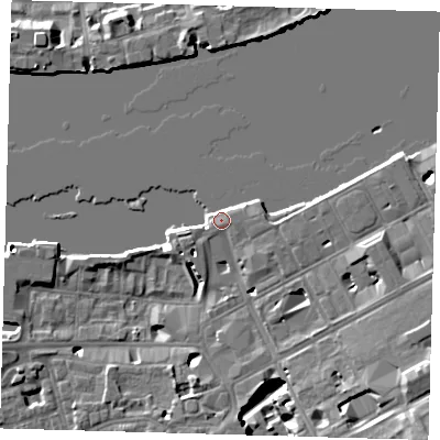 Shaded relief map of the ground around SE109HT, computed from Environment Agency LiDAR. The ground here sits at about 5 m above sea level and falls 14 m across the surrounding 800 m. Surface water reaching this point runs off ground lying to the south-west, 1.6 m higher.