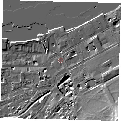 Shaded relief map of the ground around SE109HU, computed from Environment Agency LiDAR. The ground here sits at about 6 m above sea level and falls 24 m across the surrounding 800 m. Surface water reaching this point runs off ground lying to the east-south-east, 6.3 m higher.