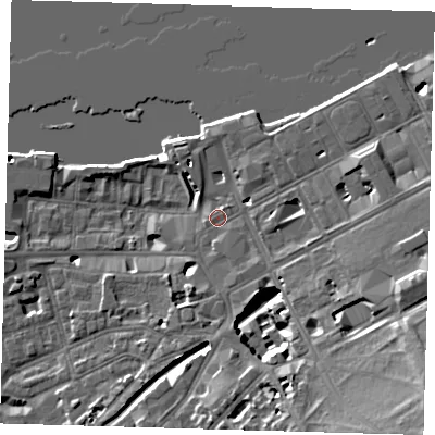 Shaded relief map of the ground around SE109HY, computed from Environment Agency LiDAR. The ground here sits at about 5 m above sea level and falls 18 m across the surrounding 800 m. Surface water reaching this point runs off ground lying to the north-north-east, 1.2 m higher.