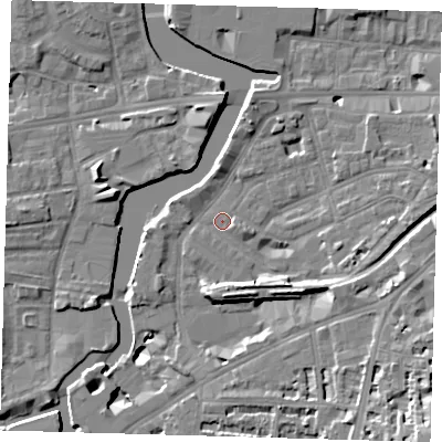 Shaded relief map of the ground around SE109JE, computed from Environment Agency LiDAR. The ground here sits at about 4 m above sea level and falls 18 m across the surrounding 800 m. Surface water reaching this point runs off ground lying to the south, 6.4 m higher.