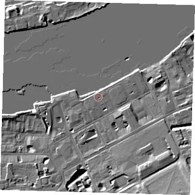 Shaded relief map of the ground around SE109JF, computed from Environment Agency LiDAR. The ground here sits at about 5 m above sea level and falls 15 m across the surrounding 800 m. Surface water reaching this point runs off ground lying to the south-east, 4.7 m higher.