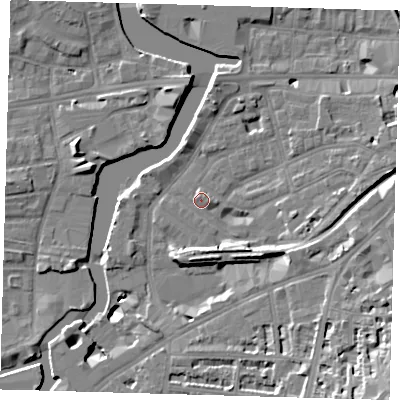 Shaded relief map of the ground around SE109JG, computed from Environment Agency LiDAR. The ground here sits at about 5 m above sea level and falls 20 m across the surrounding 800 m. Surface water reaching this point runs off ground lying to the south, 6.4 m higher.