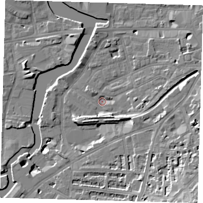 Shaded relief map of the ground around SE109JP, computed from Environment Agency LiDAR. The ground here sits at about 3 m above sea level and falls 24 m across the surrounding 800 m. Surface water reaching this point runs off ground lying to the south-west, 6.4 m higher.