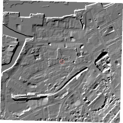 Shaded relief map of the ground around SE109JT, computed from Environment Agency LiDAR. The ground here sits at about 6 m above sea level and falls 22 m across the surrounding 800 m. Surface water reaching this point runs off ground lying to the east-south-east, 1.9 m higher.
