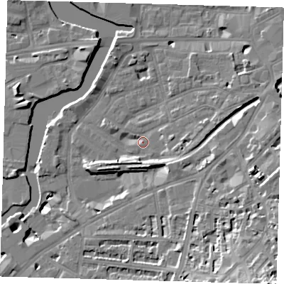 Shaded relief map of the ground around SE109JU, computed from Environment Agency LiDAR. The ground here sits at about 4 m above sea level and falls 27 m across the surrounding 800 m. Surface water reaching this point runs off ground lying to the east-north-east, 3.5 m higher.