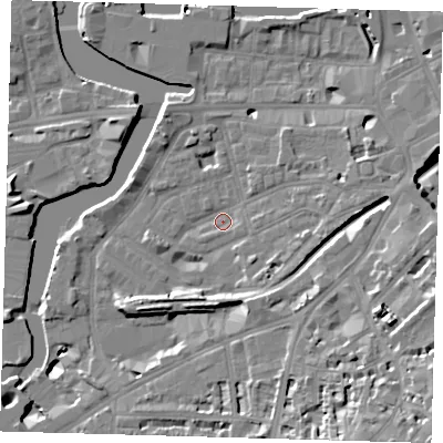 Shaded relief map of the ground around SE109JX, computed from Environment Agency LiDAR. The ground here sits at about 4 m above sea level and falls 19 m across the surrounding 800 m. Surface water reaching this point runs off ground lying to the east, 4.3 m higher.