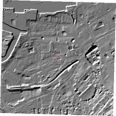 Shaded relief map of the ground around SE109JY, computed from Environment Agency LiDAR. The ground here sits at about 6 m above sea level and falls 26 m across the surrounding 800 m. Surface water reaching this point runs off ground lying to the east-south-east, 1.7 m higher.