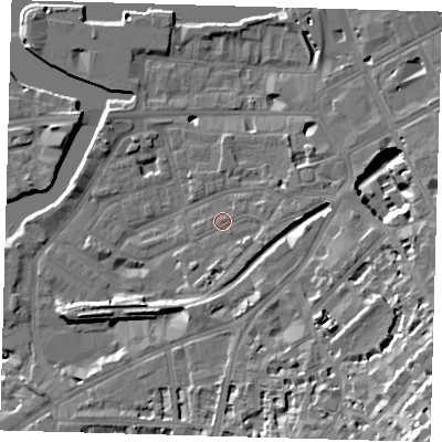 Shaded relief map of the ground around SE109LA, computed from Environment Agency LiDAR. The ground here sits at about 6 m above sea level and falls 27 m across the surrounding 800 m. Surface water reaching this point runs off ground lying to the east, 1.0 m higher.