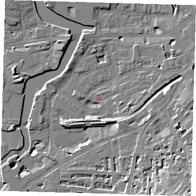Shaded relief map of the ground around SE109LE, computed from Environment Agency LiDAR. The ground here sits at about 4 m above sea level and falls 22 m across the surrounding 800 m. Surface water reaching this point runs off ground lying to the east, 4.7 m higher.