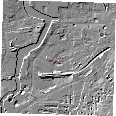 Shaded relief map of the ground around SE109LF, computed from Environment Agency LiDAR. The ground here sits at about 4 m above sea level and falls 20 m across the surrounding 800 m. Surface water reaching this point runs off ground lying to the east-north-east, 4.3 m higher.