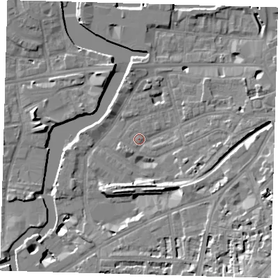 Shaded relief map of the ground around SE109LG, computed from Environment Agency LiDAR. The ground here sits at about 4 m above sea level and falls 18 m across the surrounding 800 m. Surface water reaching this point runs off ground lying to the east, 4.3 m higher.