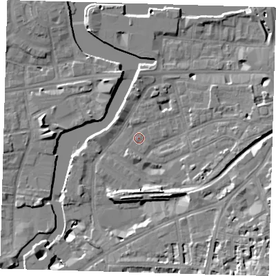 Shaded relief map of the ground around SE109LH, computed from Environment Agency LiDAR. The ground here sits at about 4 m above sea level and falls 18 m across the surrounding 800 m. Surface water reaching this point runs off ground lying to the east, 4.3 m higher.