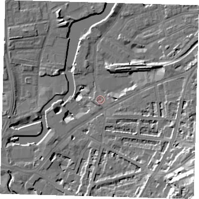Shaded relief map of the ground around SE109LJ, computed from Environment Agency LiDAR. The ground here sits at about 5 m above sea level and falls 36 m across the surrounding 800 m. Surface water reaching this point runs off ground lying to the south-south-west, 2.2 m higher.