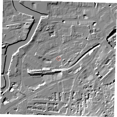 Shaded relief map of the ground around SE109LL, computed from Environment Agency LiDAR. The ground here sits at about 5 m above sea level and falls 22 m across the surrounding 800 m. Surface water reaching this point runs off ground lying to the east, 3.3 m higher.