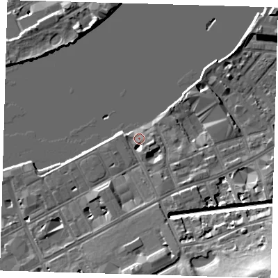 Shaded relief map of the ground around SE109LS, computed from Environment Agency LiDAR. The ground here sits at about 5 m above sea level and falls 22 m across the surrounding 800 m. Surface water reaching this point runs off ground lying to the south, 5.3 m higher.