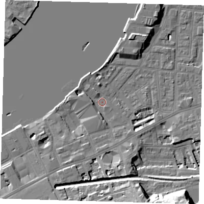 Shaded relief map of the ground around SE109LU, computed from Environment Agency LiDAR. The ground here sits at about 4 m above sea level and falls 27 m across the surrounding 800 m. Surface water reaching this point runs off ground lying to the south-south-west, 4.9 m higher.