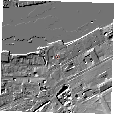 Shaded relief map of the ground around SE109LW, computed from Environment Agency LiDAR. The ground here sits at about 5 m above sea level and falls 17 m across the surrounding 800 m. Surface water reaching this point runs off ground lying to the south-east, 8.7 m higher.