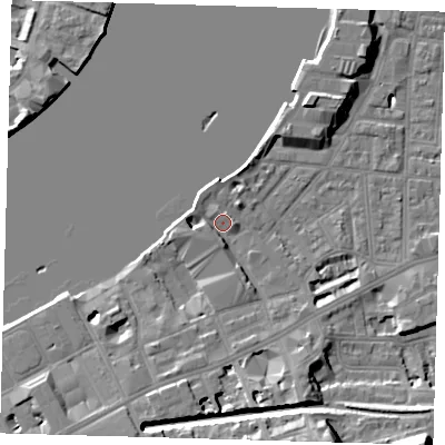 Shaded relief map of the ground around SE109LX, computed from Environment Agency LiDAR. The ground here sits at about 4 m above sea level and falls 19 m across the surrounding 800 m. Surface water reaching this point runs off ground lying to the south-south-west, 4.9 m higher.