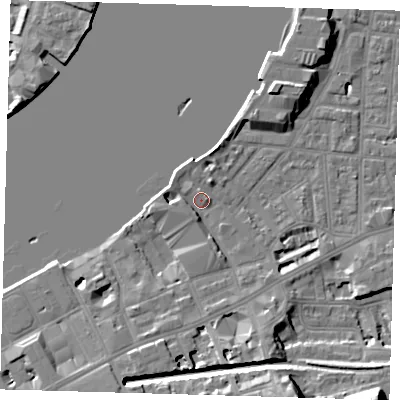 Shaded relief map of the ground around SE109NJ, computed from Environment Agency LiDAR. The ground here sits at about 5 m above sea level and falls 20 m across the surrounding 800 m. Surface water reaching this point runs off ground lying to the south-south-west, 4.9 m higher.