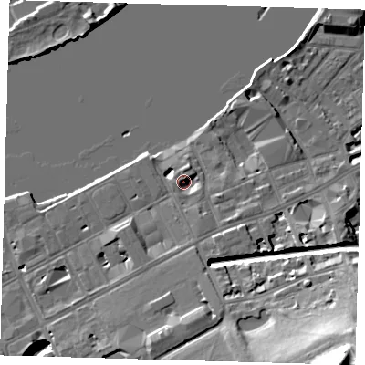 Shaded relief map of the ground around SE109NL, computed from Environment Agency LiDAR. The ground here sits at about 5 m above sea level and falls 37 m across the surrounding 800 m. Surface water reaching this point runs off ground lying to the south-south-east, 3.7 m higher.
