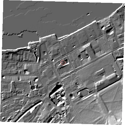 Shaded relief map of the ground around SE109NN, computed from Environment Agency LiDAR. The ground here sits at about 6 m above sea level and falls 25 m across the surrounding 800 m. Surface water reaching this point runs off ground lying to the south-west, 2.9 m higher.