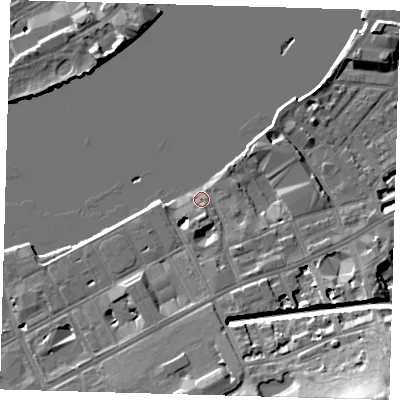 Shaded relief map of the ground around SE109NP, computed from Environment Agency LiDAR. The ground here sits at about 4 m above sea level and falls 22 m across the surrounding 800 m. Surface water reaching this point runs off ground lying to the south, 8.8 m higher.