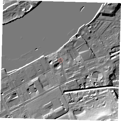Shaded relief map of the ground around SE109NR, computed from Environment Agency LiDAR. The ground here sits at about 5 m above sea level and falls 27 m across the surrounding 800 m. Surface water reaching this point runs off ground lying to the south-south-west, 8.7 m higher.