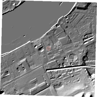 Shaded relief map of the ground around SE109NT, computed from Environment Agency LiDAR. The ground here sits at about 5 m above sea level and falls 36 m across the surrounding 800 m. Surface water reaching this point runs off ground lying to the south-south-west, 6.9 m higher.