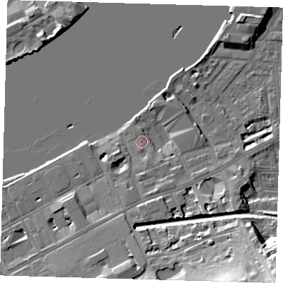 Shaded relief map of the ground around SE109NU, computed from Environment Agency LiDAR. The ground here sits at about 5 m above sea level and falls 25 m across the surrounding 800 m. Surface water reaching this point runs off ground lying to the south-east, 2.9 m higher.