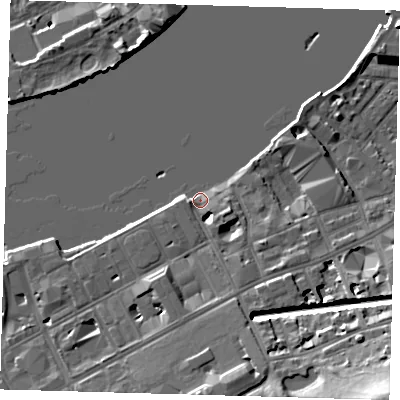 Shaded relief map of the ground around SE109NW, computed from Environment Agency LiDAR. The ground here sits at about 4 m above sea level and falls 21 m across the surrounding 800 m. Surface water reaching this point runs off ground lying to the south, 5.3 m higher.