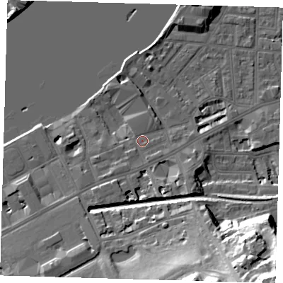 Shaded relief map of the ground around SE109NY, computed from Environment Agency LiDAR. The ground here sits at about 5 m above sea level and falls 41 m across the surrounding 800 m. Surface water reaching this point runs off ground lying to the south-west, 2.0 m higher.