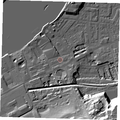 Shaded relief map of the ground around SE109NZ, computed from Environment Agency LiDAR. The ground here sits at about 5 m above sea level and falls 42 m across the surrounding 800 m. Surface water reaching this point runs off ground lying to the west-south-west, 2.5 m higher.